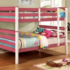 Lorren CM-BK620F-PK Bunk Bed By Furniture Of AmericaBy sofafair.com Pink Bunk Beds, Pink Bunk Bed, Bunk Bed Toddler, Room Decor For Girls Bedrooms, Full Over Full Bunk Beds, Modern Bunk Beds For Girls Room, Kura Bunk Bed, Diy Room Decor For Girls