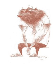 a drawing of a man kneeling down in front of a raccoon's head