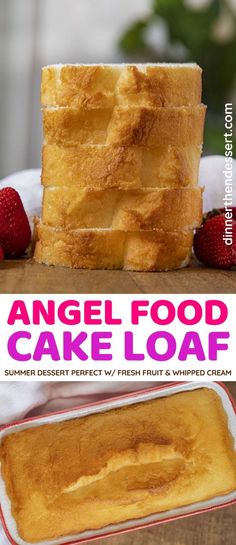 an angel food cake loaf on a plate with strawberries next to it and the words angel food cake loaf