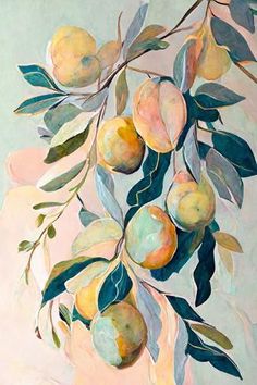 a painting of peaches hanging from a tree branch with leaves and buds on it