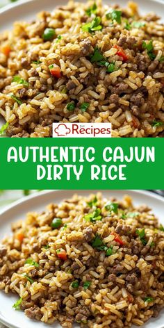 an image of authentic cajun dirty rice on a white plate with the title above it