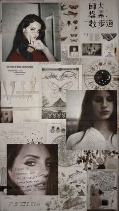 an image of a woman surrounded by many different pictures and writing on it's wall