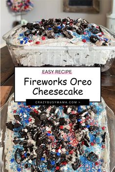 an easy recipe for fireworks oreo cheesecake with red, white and blue sprinkles