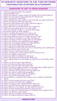 a purple poster with the words 50 romantic questions to ask your boyfriend