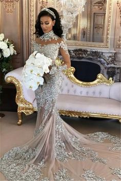 Long Sleeves Silver High Neck Popular Evening Dress Lace Mermaid Luxurious Wedding Dresses-Ballbella Long Sleeve Mermaid Wedding Dress, Mermaid High, High Neck Wedding Dress, Silver Mermaid, Lace Mermaid, Luxury Wedding Dress, A Wedding Dress, Chapel Train, Lace Evening Dresses