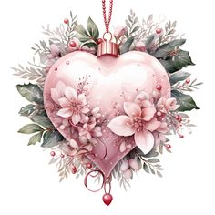 a pink heart with flowers and leaves hanging from it's side on a chain