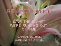 a pink flower with the words run for office save the planet we're running out of time capitalism has contempt for her