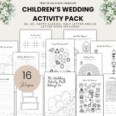 the children's wedding activity pack is shown in black and white with flowers on it