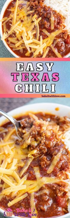 two bowls filled with chili and cheese on top of each other