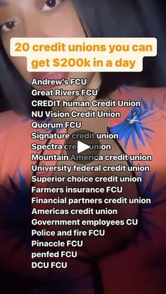 a woman holding a cell phone in front of her face with the text 20 credit unions you can get $ 200k in a day