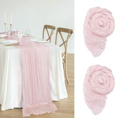 the table is set with pink and white linens