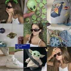 a collage of photos with various items and people