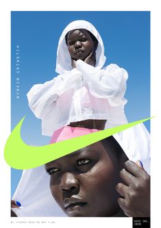 two black women in white clothing with green nike logo on the bottom and blue sky behind them