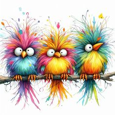 three colorful birds sitting on top of a branch with paint splatters all over them