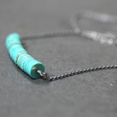 "Seventeen 8mm natural summer sky blue turquoise smooth rondelle disks with hints of green and warm copper glints securely wrapped with recycled fine silver, suspended from recycled sterling silver cable chain and oxidized for an organic, rustic look. The necklace drapes an elegant 18\" (or 20\") in length including the sterling silver lobster clasp. All jewelry comes suitably packaged for gift giving. Come see more of my shop: http://www.etsy.com/shop/TheSlyFox Everything you see here is made b Everyday Turquoise Jewelry With Spacer Beads, Turquoise Hand Wrapped Round Bead Necklaces, Everyday Minimalist Turquoise Necklace, Minimalist Turquoise Wire Wrapped Jewelry, Handmade Silver-colored Metal Turquoise Necklace, Nickel-free Turquoise Metal Necklace, Nickel-free Sterling Silver Turquoise Necklace Gift, Artisan Blue Turquoise Nickel-free Necklace, 14k Gold Wedding Ring