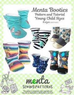 an advertisement for the menta booties pattern and pictorial young child sizes