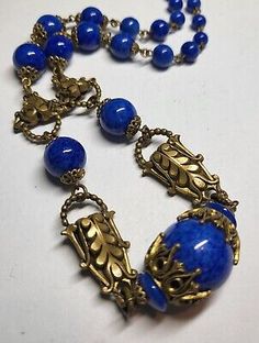 Antique Art Deco MAX NEIGER BROS sign Blue Peking Glass Necklace Ornate Brass | eBay Art Deco Jewelry Vintage, Czech Glass Necklace, Vintage Jewelry Antique, Antique Jewelry Necklace, Jewelry Antique, Deco Jewelry, By Max, Antique Art Deco, Art Deco Jewelry