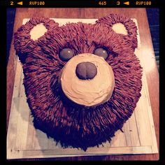 a cake shaped like a bear on top of a wooden table