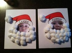 two pictures of a child wearing a santa hat and holding cotton balls in front of them