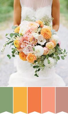 a bride holding a bouquet of flowers in front of her wedding color palettes for the day