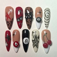 Unique Nails Design, Cute Dark Colored Nails, Alternative Gel Nails, Nail Design Chart, Birthday Nails Number, Artic Monkey Nails, Nails With Drawings Art Designs, The Office Nails, Metal Nail Designs