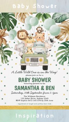 Cute Tropical Safari Jungle Animals Baby Shower Invitation Tropical Safari, Jungle Safari Animals, Virtual Baby Shower Invitation, Animal Birthday Invitation, Boy Baby Shower Ideas, Boy Shower Invitations, Safari Baby Shower Invitations, Animal Baby Shower Invitations, Couples Baby Showers