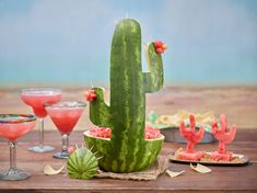 a watermelon cactus sitting on top of a wooden table next to two cocktail glasses