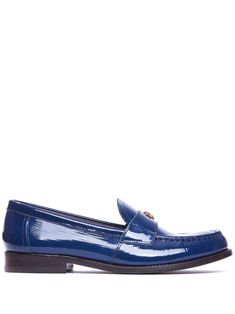 indigo blue nappa leather gold-tone logo plaque slip-on style flat leather sole Classic Blue Flats For Work, Blue Classic Flats For Work, Designer Blue Loafers For Work, Classic Blue Flats For Workwear, Blue Leather Flats For Formal Occasions, Classic Blue Loafers With Textured Sole, Designer Blue Loafers With Round Toe, Elegant Blue Calf Leather Loafers, Luxury Blue Loafers With Contrast Sole