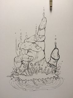 an ink drawing of a man diving into the water