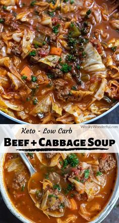 two pictures showing different types of beef and cabbage soup