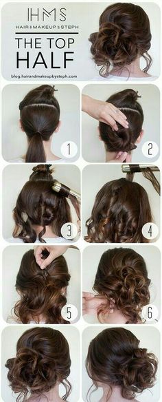 Easy curly hair updo tutorial. Updo Bun, Updo Bridesmaid, Half Top, Tutorial Hair, Hairstyles Bridesmaid, Hair Prom, Top Hairstyles, Hairstyles Updo, Hair Bridesmaid