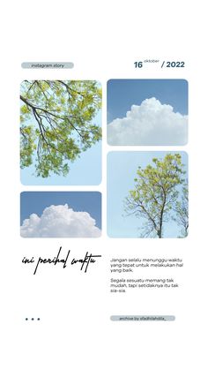 the back cover of a brochure with photos of trees and clouds in it