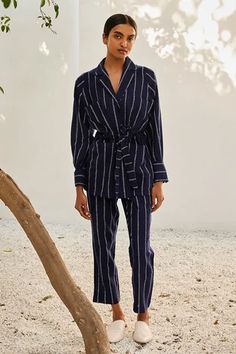 Shop for Kharakapas Blue Gauge Cotton Talk To Me Striped Print Co-ord Set for Women Online at Aza Fashions Top Pants Set, Co Ord Set, Set Design, Co Ord, Lapel Collar, Aza Fashion, Blue Fabric, Full Sleeve, Stripe Print