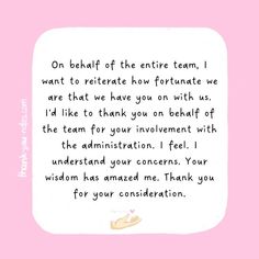 a pink and white greeting card with the words, on behaaff of the entire team, i want to retrate how fortnate we are that we have you on