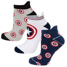 Captain America Ankle Socks 3 Pack Image 1 The First Avenger, First Avenger, Sock Gift, Captain America Shield, Ankle Sock, Marvel Captain America, Man Thing Marvel, Navy Grey, Sock Gifts