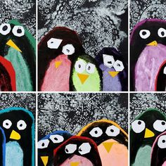 four pictures of different colored penguins with one penguin in the middle and two penguins on the bottom