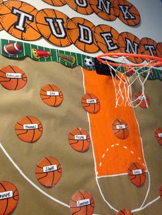 a bulletin board with basketballs and words on it