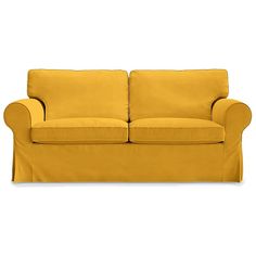 a yellow couch sitting on top of a white floor