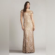 Worn Once And In Beautiful Condition. The Hem Was Taken Up But I Am 5’5” And Still Wore 4” Heels. No Other Alterations Were Made. Shimmering Paillettes Atop Embroidered Lace Create A Lovely Luster. The Off Shoulder Neckline And Cap Sleeves Are Delicately Edged With Scalloped Lace. Fully Lined. Festive Elegant Short Sleeve Maxi Dress, Elegant Embroidered Gown For Mother Of The Bride, Elegant Short Sleeve Festive Maxi Dress, Elegant Embroidered Maxi Dress For Gala, Elegant Embroidered Floor-length Evening Dress, Festive Short Sleeve Evening Dress For Gala, Festive Short Sleeve Gala Dress, Formal Maxi Evening Dress With Intricate Embroidery, Formal Maxi Length Evening Dress With Intricate Embroidery