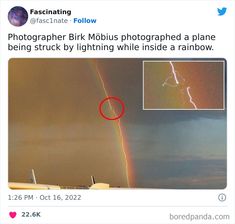 an airplane with a rainbow in the background and a photo of a lightning bolt above it