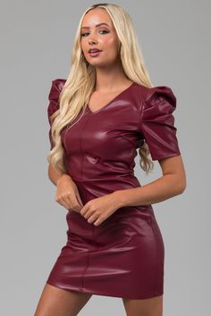 She+Sky Maroon Faux Leather Puff Sleeve Mini Dress Fitted Faux Leather Mini Dress, Faux Leather Puff Sleeve Dress, Knee-length Faux Leather Party Dresses, Colorful Dresses Casual, Formal Knee-length Leather Mini Dress, Fitted Knee-length Faux Leather Mini Dress, Puff Sleeve Mini Dress, Black Sweater Dress, Cropped Flare Jeans