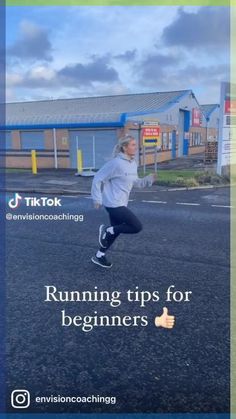 a woman running in the street with text reading running tips for beginners