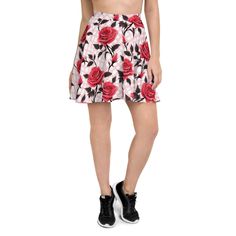 The soft fabric and flared cut of this skater skirt are just a few of the reasons why it's bound to become a favorite in your wardrobe. The flattering silhouette looks great on any body type, and thanks to the elastic waistband, you'll feel extra comfy. * 82% polyester, 18% spandex * Fabric weight: 6.78 oz/yd² (230 g/m²) (weight may vary by 5%) * Smooth fabric * Mid-thigh length * Elastic waistband * Overlock seams, coverstitch hemline * Blank product components in the US and Mexico sourced from China * Blank product components in the EU sourced from China and Lithuania This product is made especially for you as soon as you place an order, which is why it takes us a bit longer to deliver it to you. Making products on demand instead of in bulk helps reduce overproduction, so thank you for m Pink Floral Print, Spandex Fabric, Skater Skirt, Soft Fabric, Pink Floral, Red Roses, Soft Fabrics, Fabric Weights, Looks Great