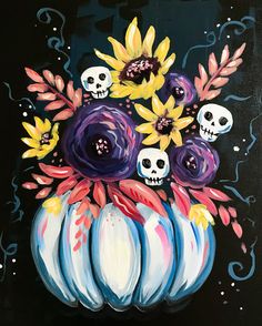 an acrylic painting of flowers and skulls in a blue flower pot on a black background