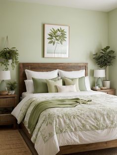 a bedroom with green walls and white linens on the bedspread, two potted plants in front of the bed