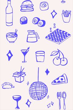 Hand-drawn Funky Food and Drink Illustrations Branding #alimento #restaurant Cute Illustration Drawing, Drawn Disco Ball, Hand Drawn Food Illustration, Disco Ball Illustration Graphic Design, Hand Drawn Illustration Style, Doodles Graphic Design, Food Graphic Design Illustration, Fun Illustration Art, Pizza Illustration Drawings