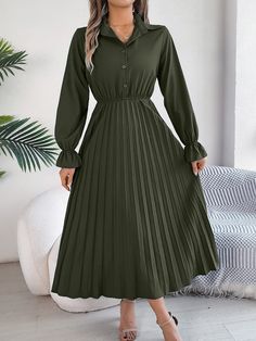 Features: Buttoned Sheer: Opaque Stretch: Slightly stretchy Body: Not lined Material composition: 95% polyester, 5% elastane Care instructions: Machine wash cold. Tumble dry low. Imported Size US Length Bust Waist Shoulder Sleeve Length S 4 50.4 37.8 24.4 15 24 M 6/8 50.8 39.4 26 15.4 24.4 L 10/12 51.2 41.7 28.3 15.7 24.8 XL 14 51.6 44.1 30.7 16.1 25.2 Button Long Sleeve, Sleeve Midi Dress, Midi Dress With Sleeves, Long Sleeve Midi, Long Sleeve Midi Dress, Flared Sleeves, Pleated Dress, Jeans Dress, Sweater Skirt