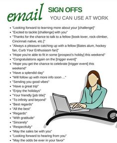 a woman sitting at a table with a laptop on her lap and the text email signs you can use at work