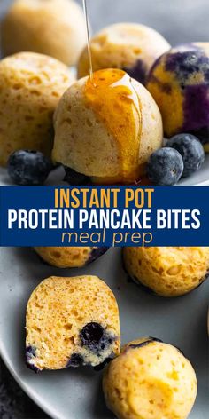 blueberry cheesecake bites on a white plate with the words instant pot protein pancake bites