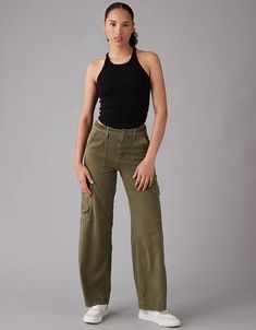 AE Stretch Curvy Super High-Waisted Baggy Wide-Leg Cargo Pant Flared Cargo Pants, Army Green Pants, Curvy Pants, Semi Casual, Fabric Patch, Cargo Pant, Mens Outfitters, Shirt Sale, Bottoms Pants